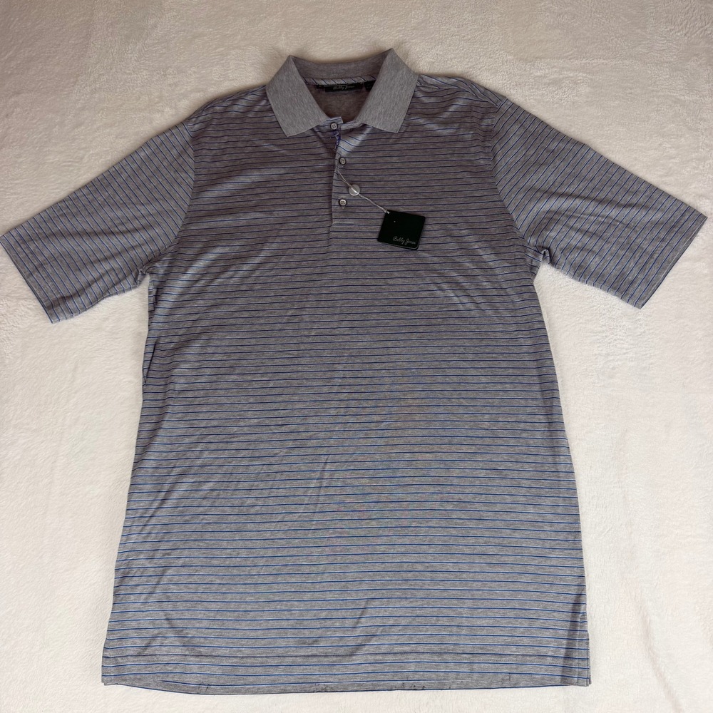 NWT Bobby Jones Mens Medium Grey Golf Polo Shirt Blue Striped Cotton BJL23004